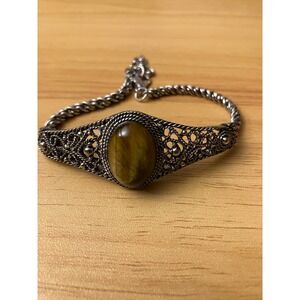 Vintage Silver Filigree Bracelet with Tiger's Eye Stone